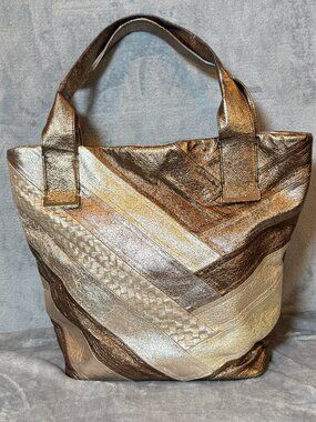 Elliott Lucca Metallic Bronze Leather Tote Patchwork Woven Shoulder Bag